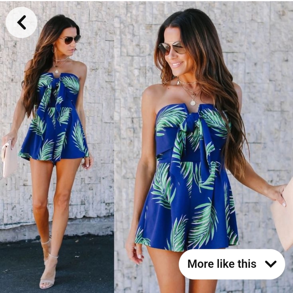 Shade Lover Palm Print Strapless Tie Front Romper